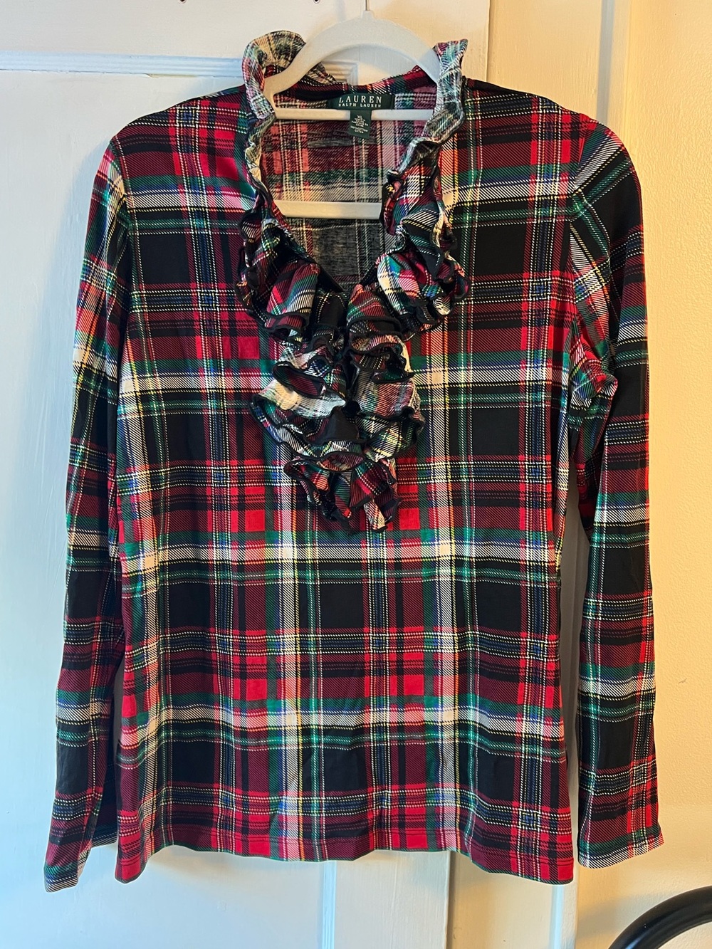 Lauren Ralph Lauren Cotton Plaid Ruffle Neck Top
